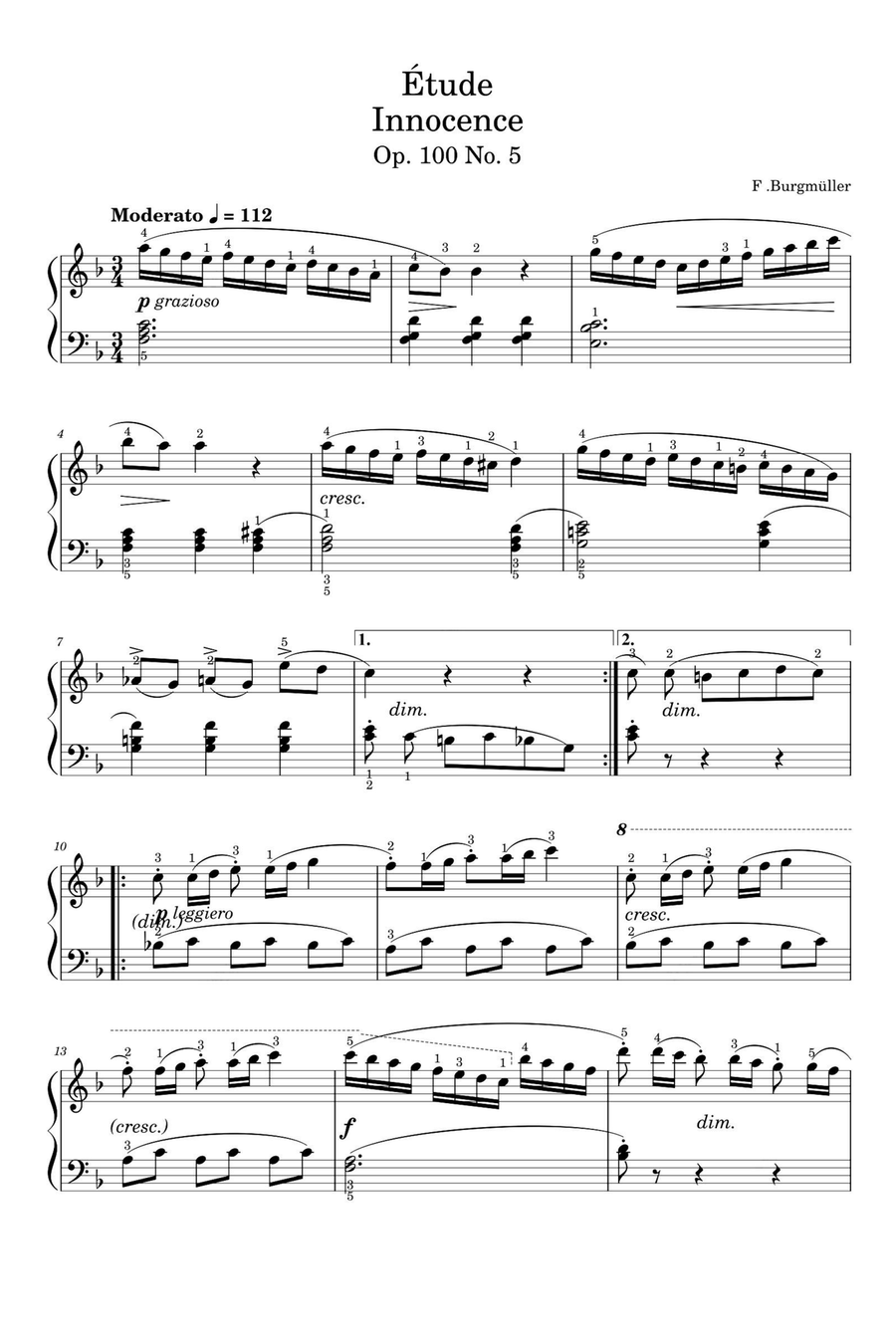 Étude Op. 100 No. 5 Innocence - Friedrich Burgmüller Piano Solo scores gallery preview page 1