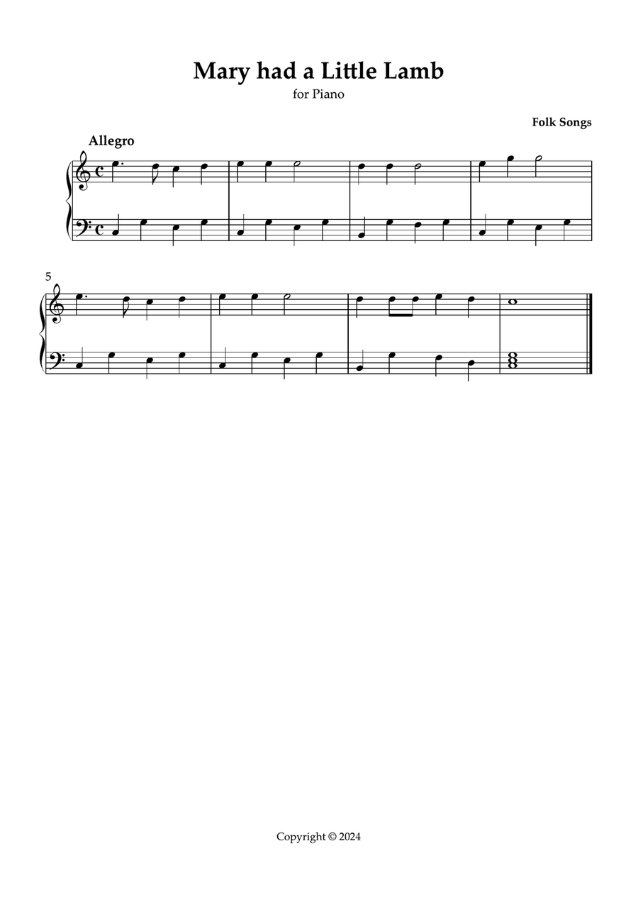 Mary had a Little Lamb Easy Piano scores gallery preview page 1