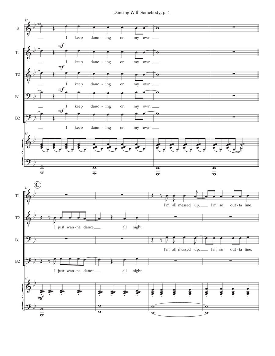 Medley: Dancing On My Own with I Wanna Dance With Somebody TTBB scores gallery preview page 4