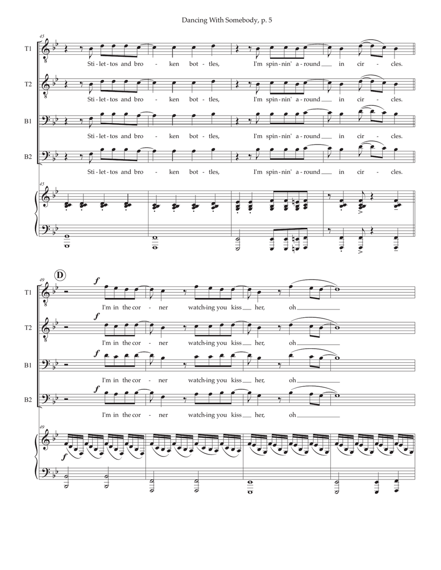 Medley: Dancing On My Own with I Wanna Dance With Somebody TTBB scores gallery preview page 5