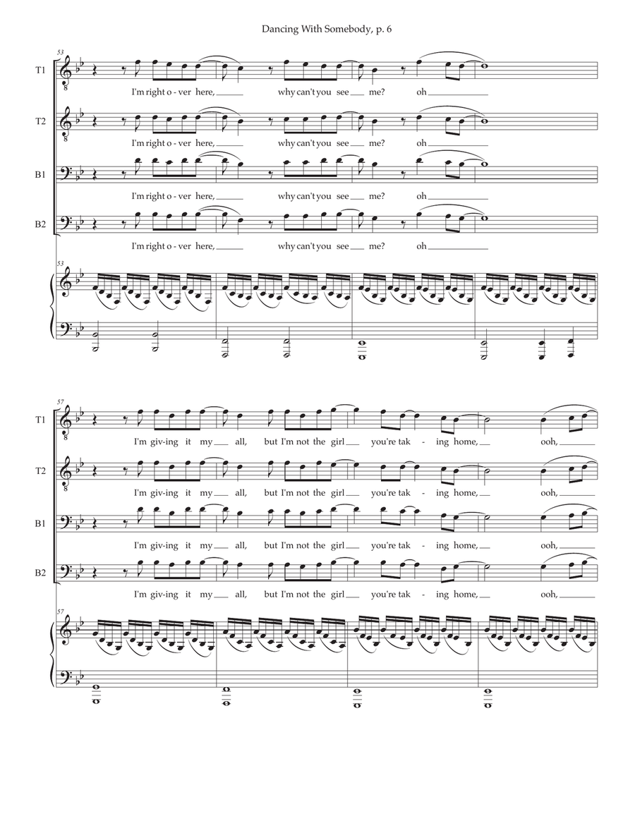 Medley: Dancing On My Own with I Wanna Dance With Somebody TTBB scores gallery preview page 6