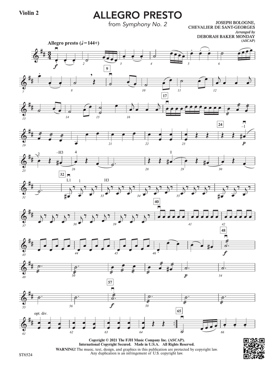 Allegro Presto (From Symphony No. 2): Violin 2 Violin scores gallery preview page 1
