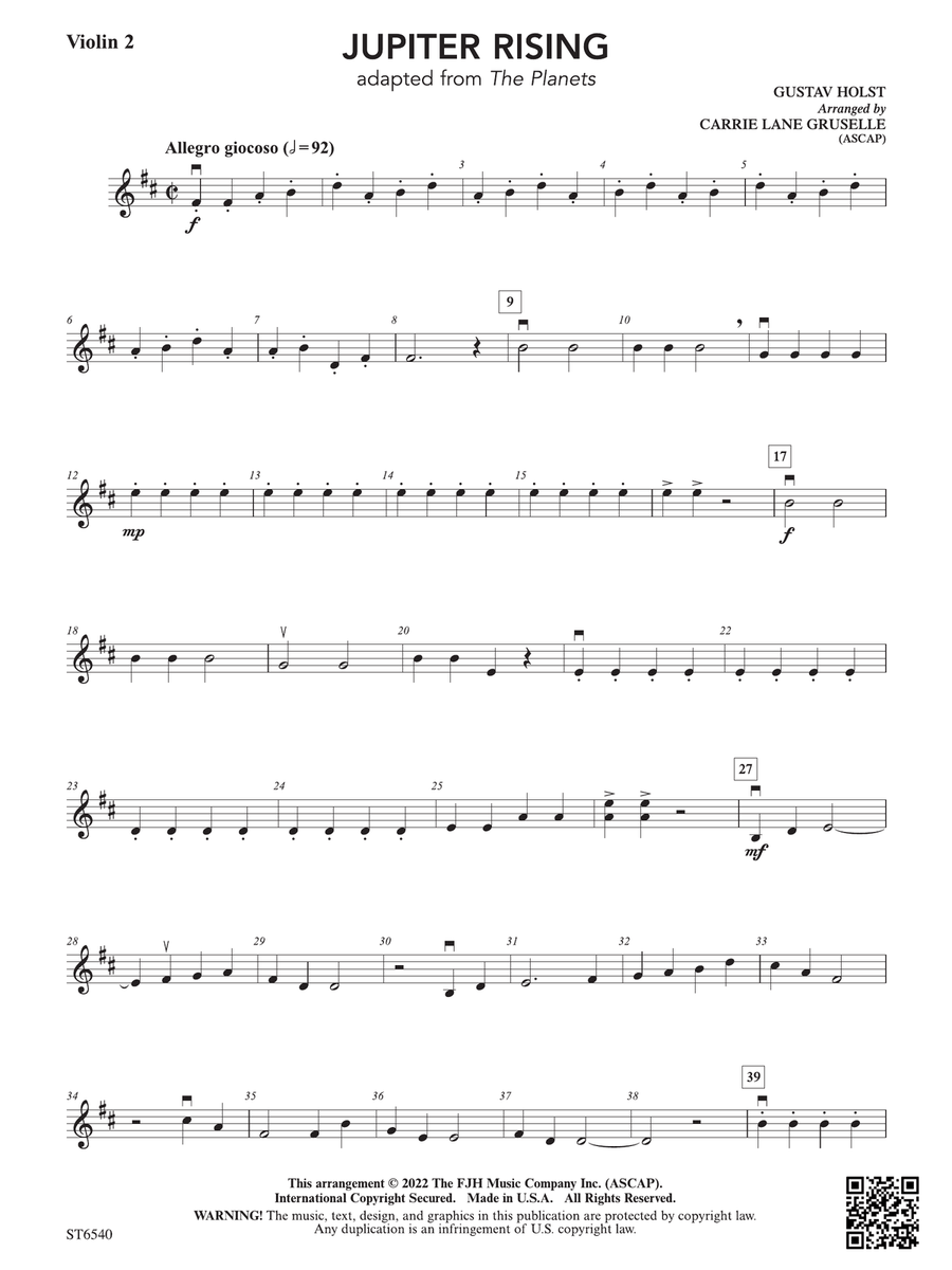 Jupiter Rising (Adapted from The Planets): Violin 2 Violin scores gallery preview page 1