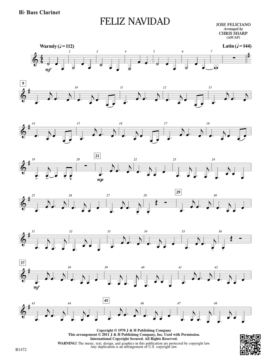 Feliz Navidad: B-flat Bass Clarinet Bass Clarinet scores gallery preview page 1