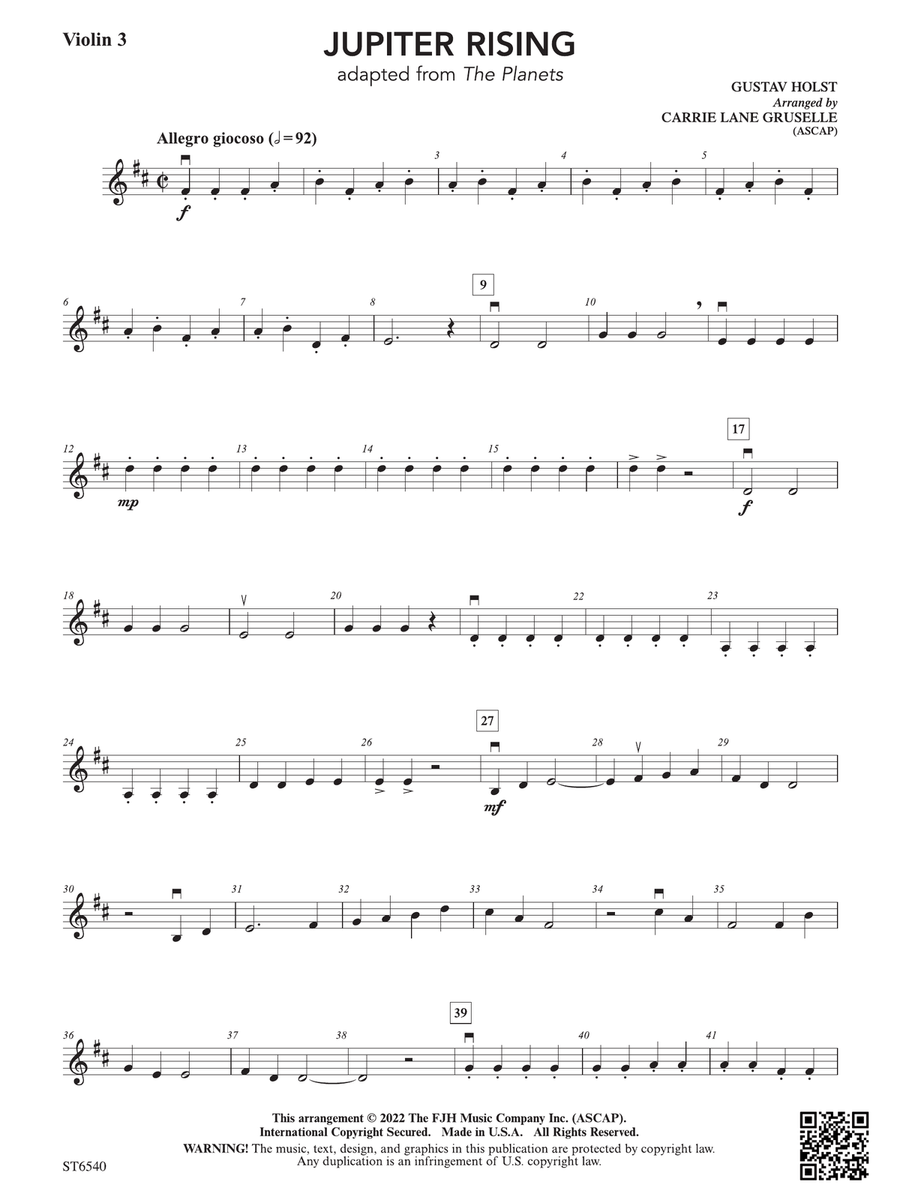 Jupiter Rising (Adapted from The Planets): Violin 3 (Viola T.C.) Viola scores gallery preview page 1