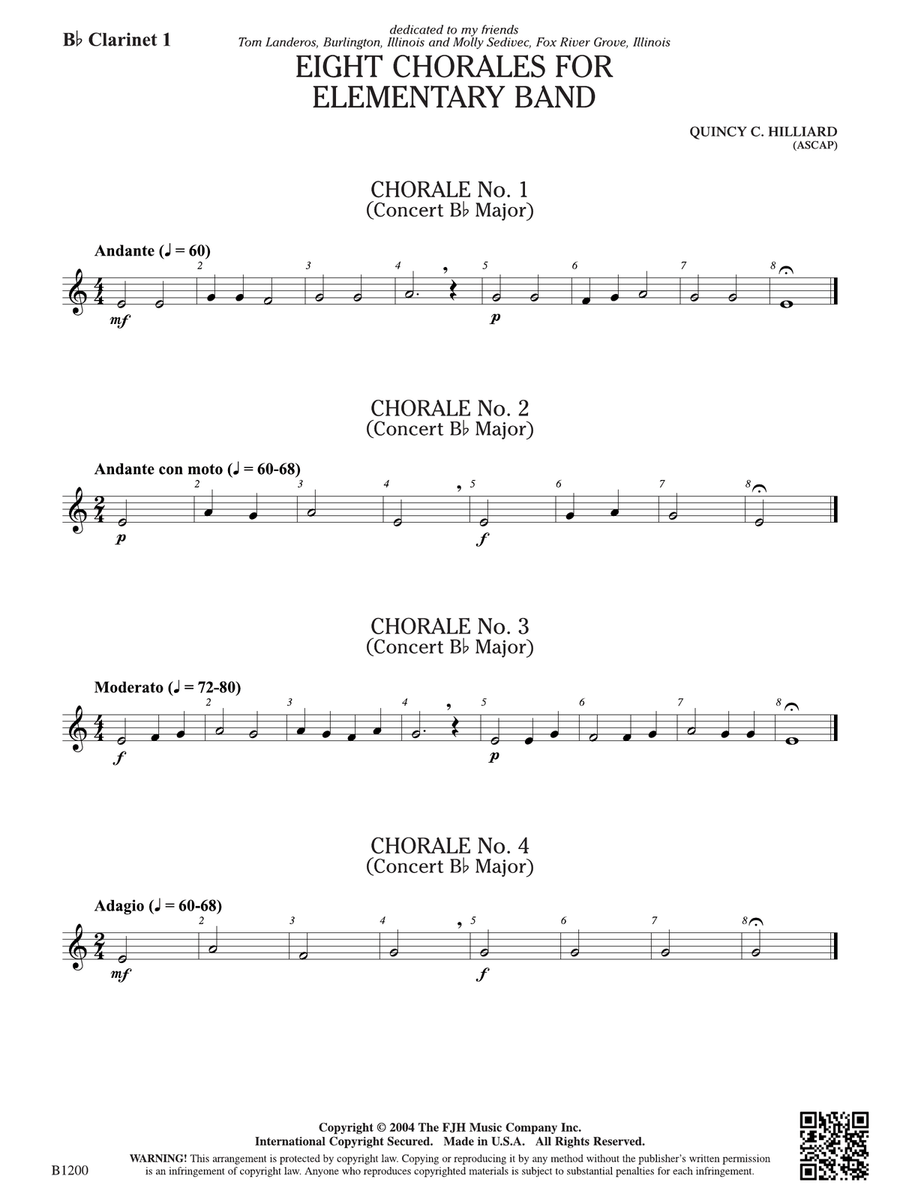 Eight Chorales for Elementary Band: B-flat Clarinet 1 B-Flat Clarinet scores gallery preview page 1