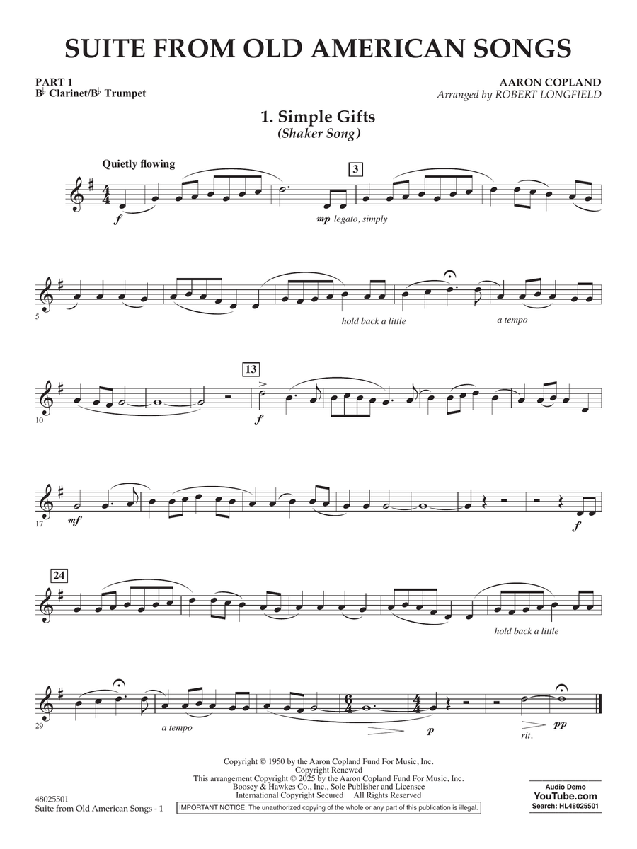 Suite from Old American Songs - Pt.1 - Bb Clarinet/Bb Trumpet Concert Band scores gallery preview page 1