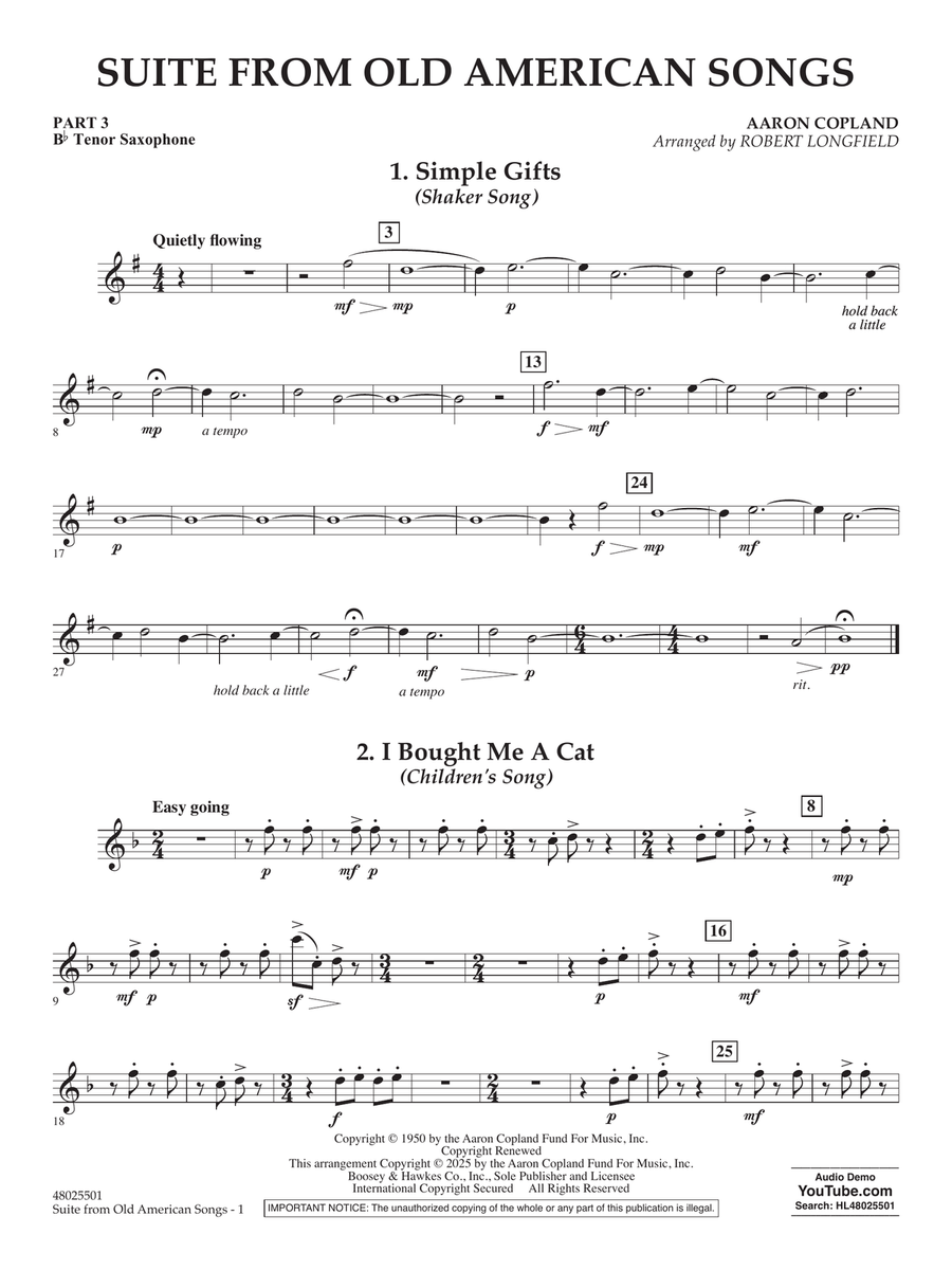 Suite from Old American Songs - Pt.3 - Bb Tenor Saxophone Concert Band scores gallery preview page 1