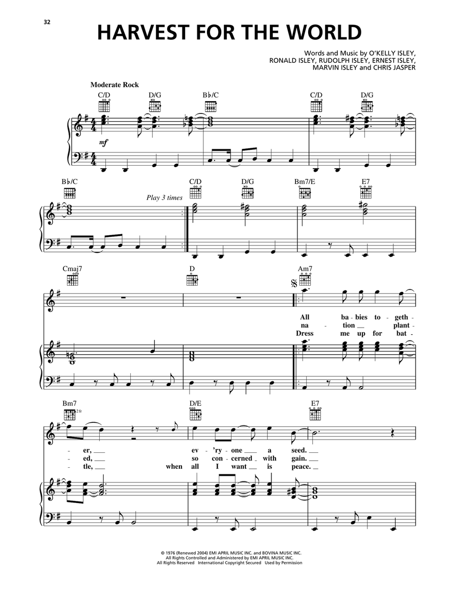 Harvest For The World Harvest For The World Piano, Vocal, Guitar scores gallery preview page 1
