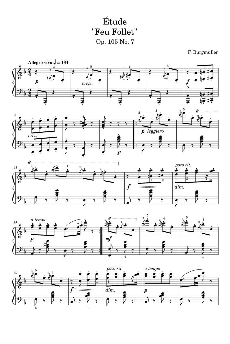 Étude Op. 105 No. 7 Feu Follet - Friedrich Burgmüller Piano Solo scores gallery preview page 1
