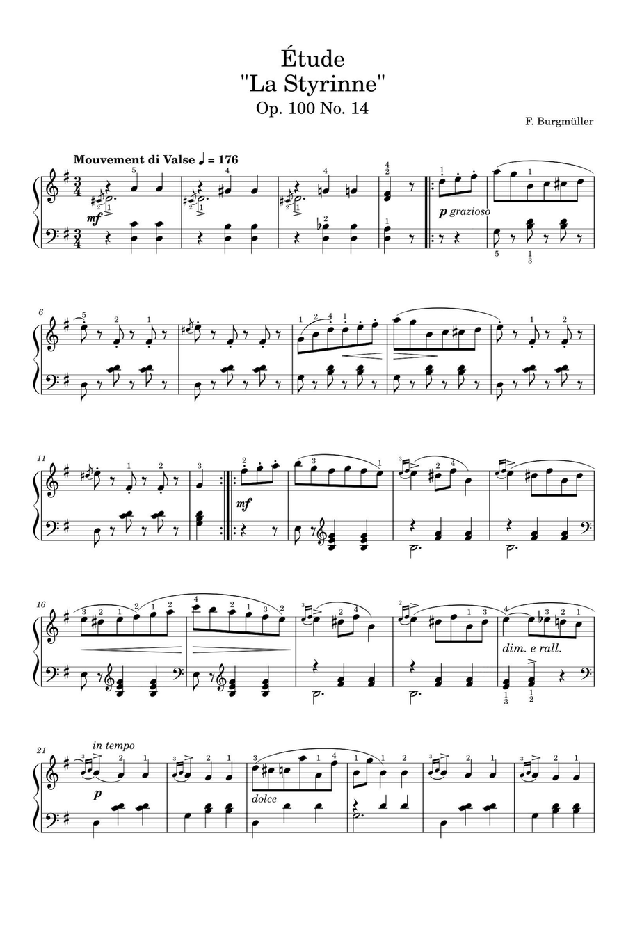 Étude Op. 100 No. 14 La Styrinne - Friedrich Burgmüller Piano Solo scores gallery preview page 1