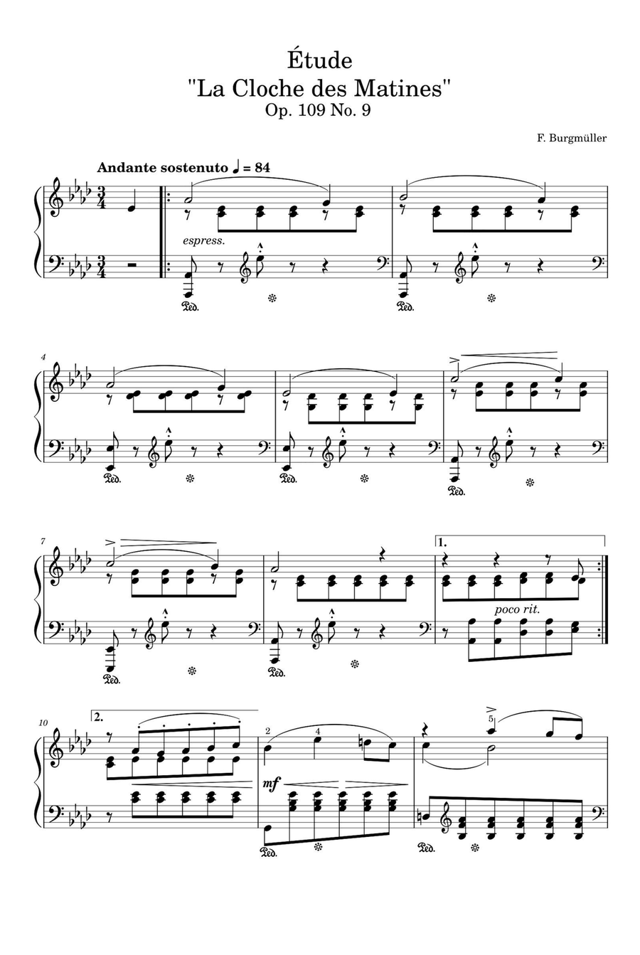 Étude Op. 109 No. 9 La Cloche des Matines - Friedrich Burgmüller Piano Solo scores gallery preview page 1