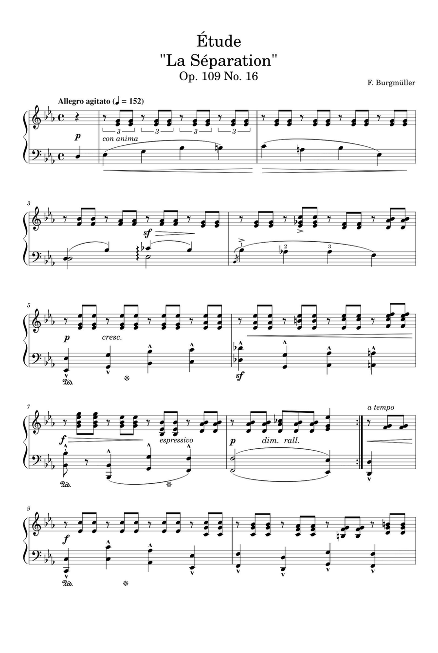 Étude Op. 109 No. 16 La Séparation - Friedrich Burgmüller Piano Solo scores gallery preview page 1