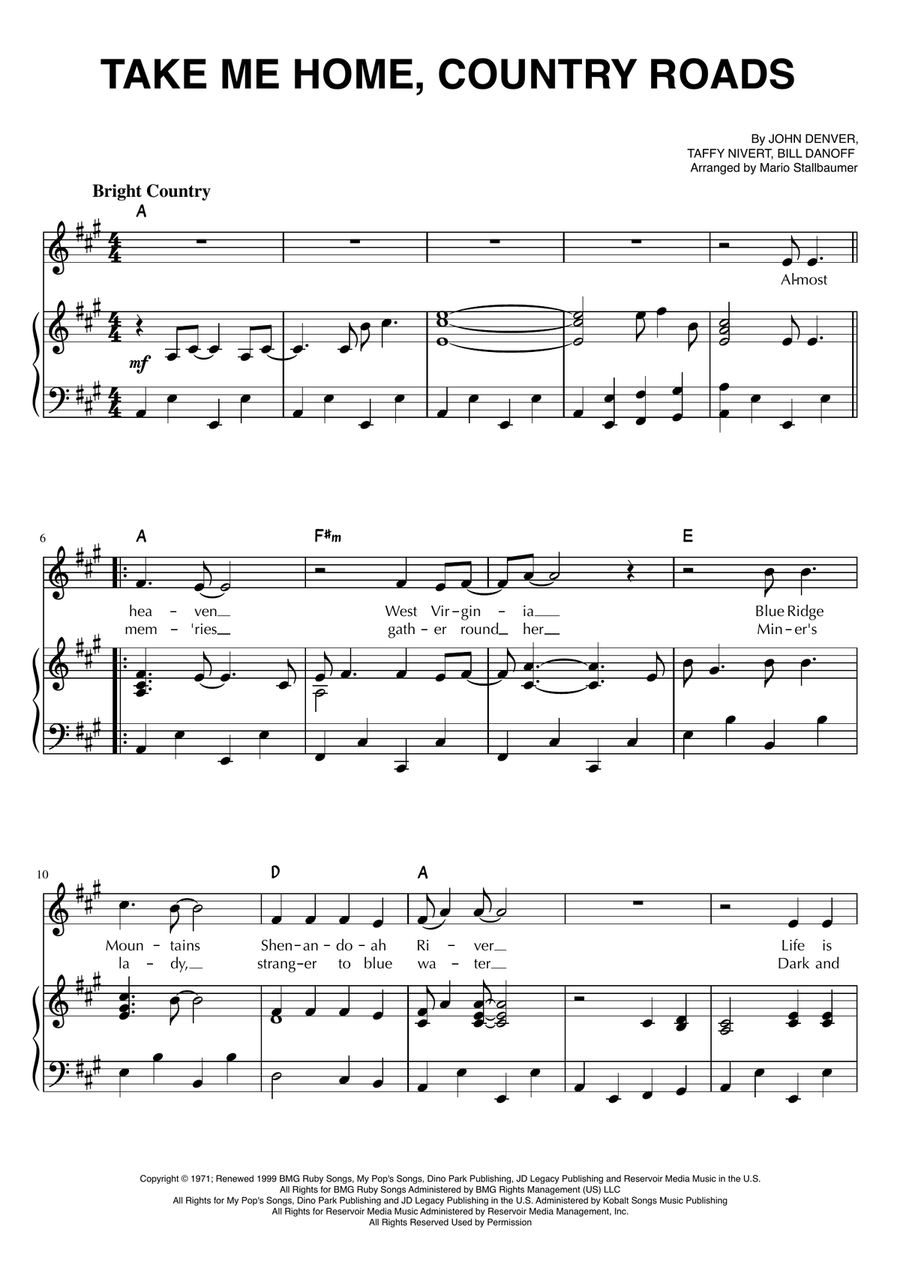 Take Me Home, Country Roads Piano, Vocal scores gallery preview page 1