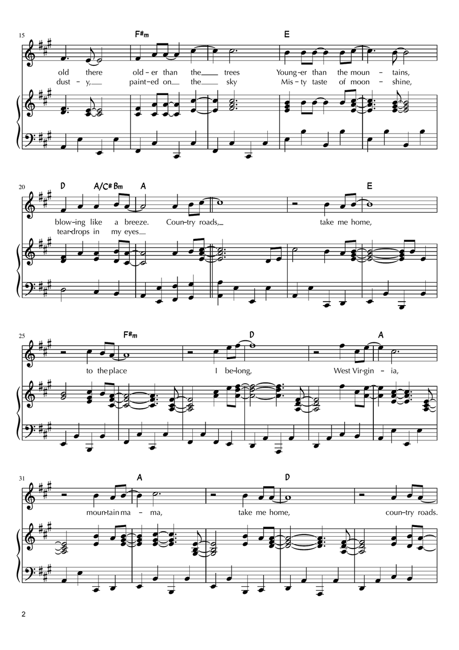 Take Me Home, Country Roads Piano, Vocal scores gallery preview page 2