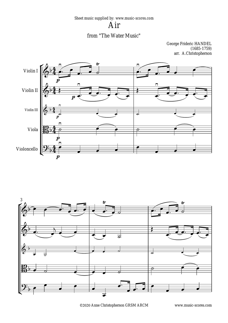 Handel: Air from the Water Music: String Quartet String Quartet scores gallery preview page 1