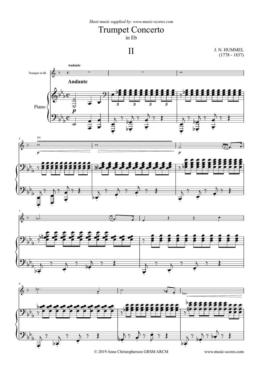 Hummel: Andante and Allegro Con Spirito in Bb, for BbTrumpet and Piano B-Flat Trumpet scores gallery preview page 1