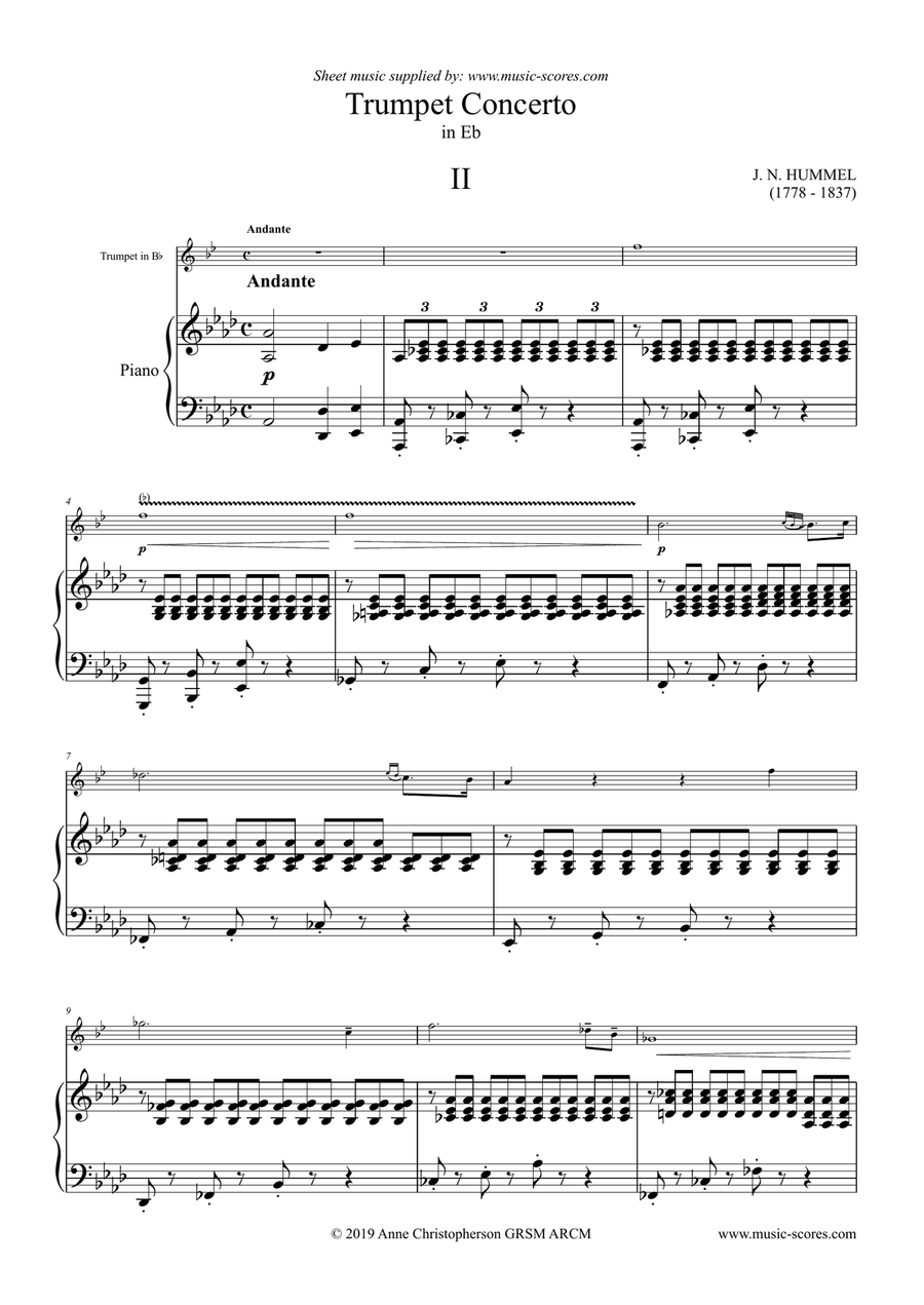 Hummel: Andante and Allegro Con Spirito in Eb, for BbTrumpet and Piano B-Flat Trumpet scores gallery preview page 1