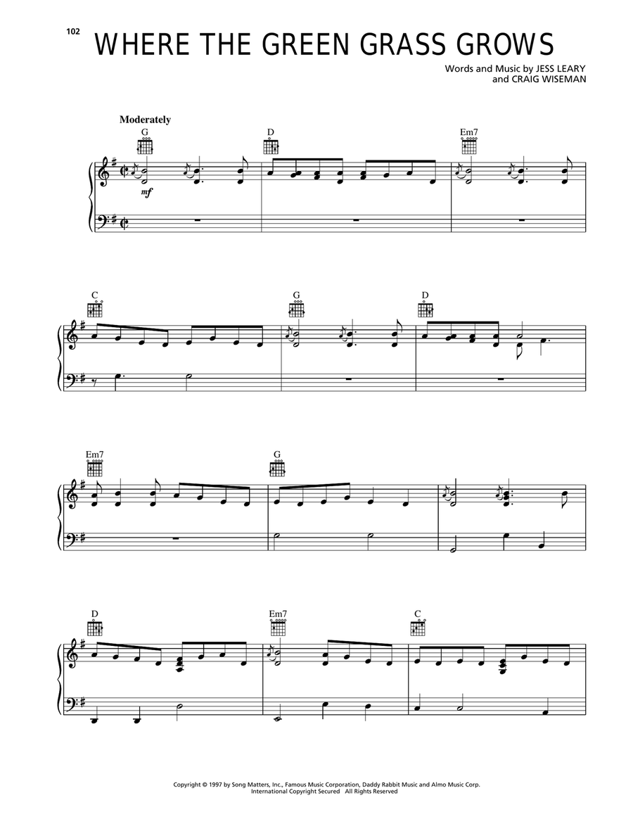 Where The Green Grass Grows Piano, Vocal, Guitar scores gallery preview page 1