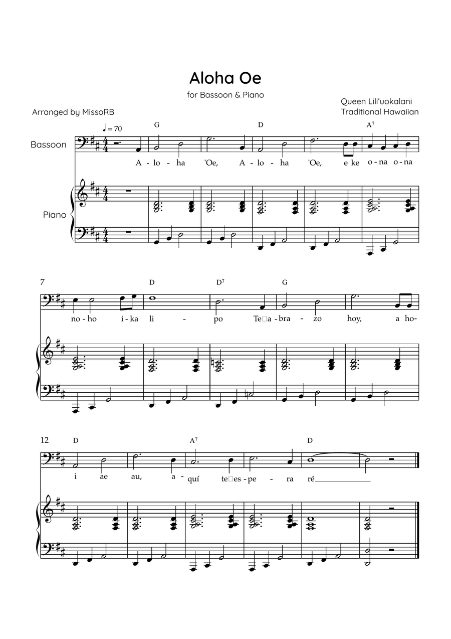 Aloha Oe - Bassoon & Piano in D Major Easy With Lyrics & Chords Bassoon Solo scores gallery preview page 1