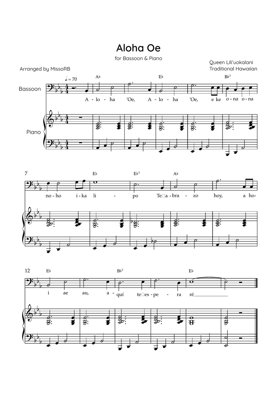Aloha Oe - Bassoon & Piano in Eb Major Easy With Lyrics & Chords Bassoon Solo scores gallery preview page 1