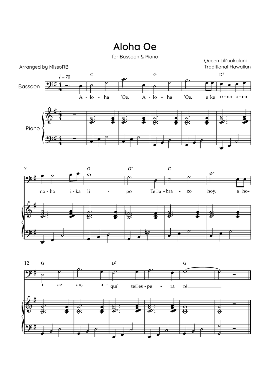 Aloha Oe - Bassoon & Piano in G Major Easy With Lyrics & Chords Bassoon Solo scores gallery preview page 1