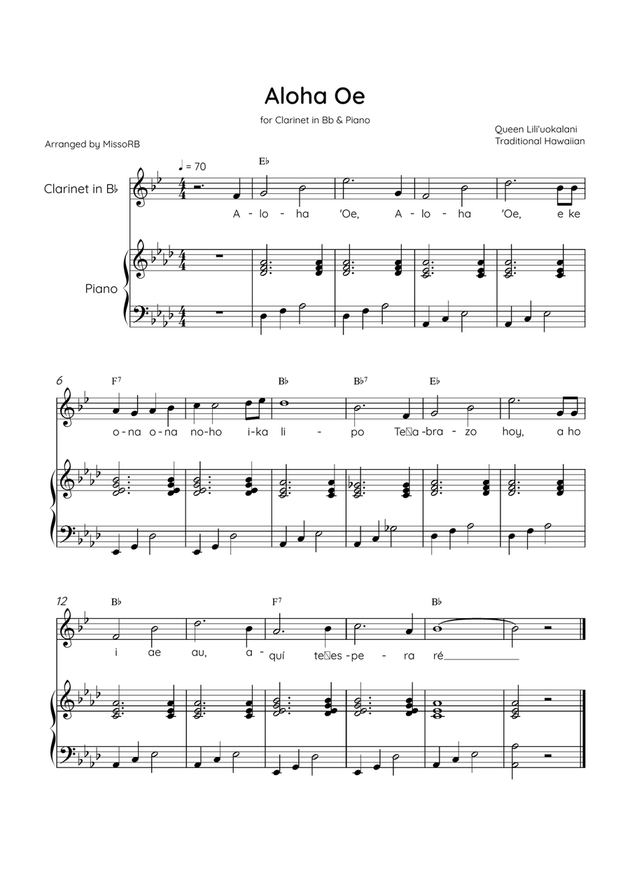 Aloha Oe - Clarinet in Bb & Piano in Ab Major Easy With Lyrics & Chords B-Flat Clarinet scores gallery preview page 1