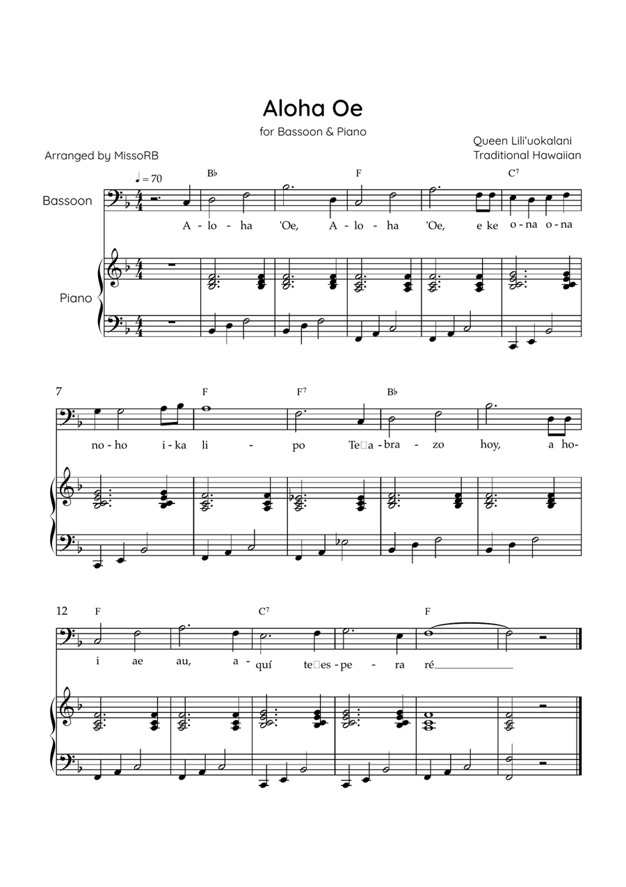 Aloha Oe - Bassoon & Piano in F Major Easy With Lyrics & Chords Bassoon Solo scores gallery preview page 1