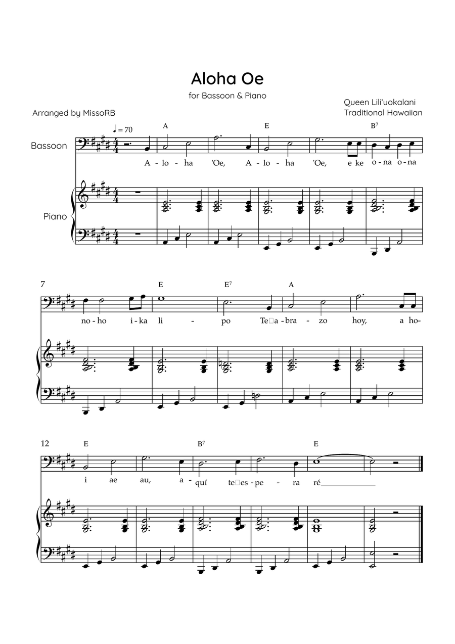 Aloha Oe - Bassoon & Piano in E Major Easy With Lyrics & Chords Bassoon Solo scores gallery preview page 1