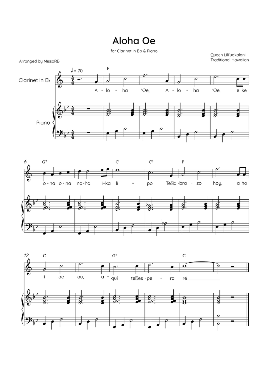Aloha Oe - Clarinet in Bb & Piano in Bb Major Easy With Lyrics & Chords B-Flat Clarinet scores gallery preview page 1