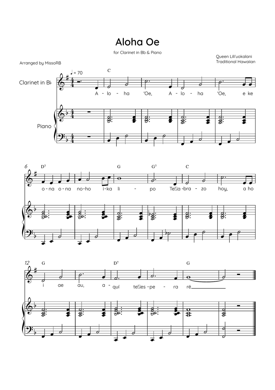 Aloha Oe - Clarinet in Bb & Piano in F Major Easy With Lyrics & Chords B-Flat Clarinet scores gallery preview page 1