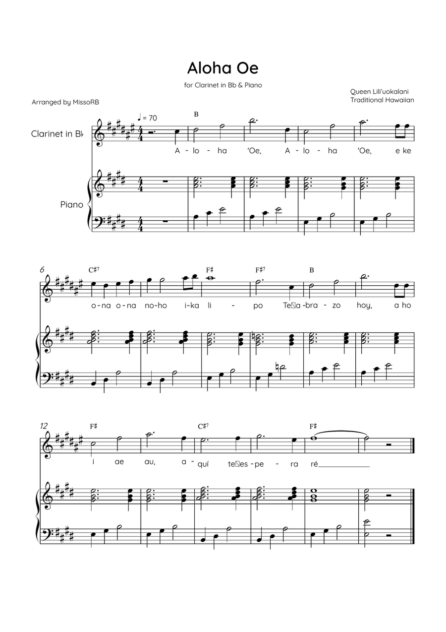 Aloha Oe - Clarinet in Bb & Piano in E Major Easy With Lyrics & Chords B-Flat Clarinet scores gallery preview page 1