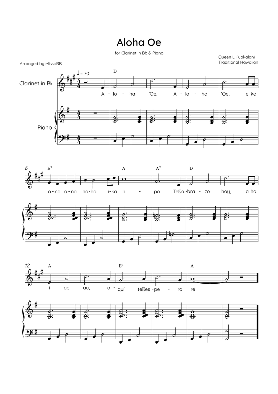 Aloha Oe - Clarinet in Bb & Piano in G Major Easy With Lyrics & Chords B-Flat Clarinet scores gallery preview page 1