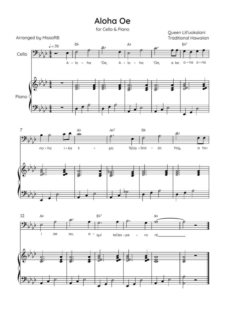 Aloha ‘Oe - Cello & Piano in Ab Major Easy With Lyrics & Chords Piano scores gallery preview page 1