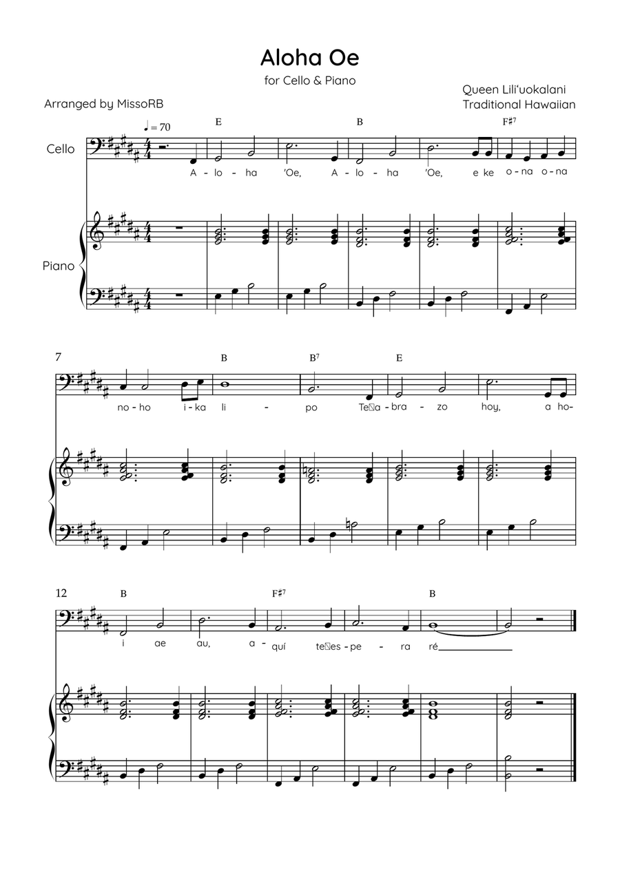 Aloha ‘Oe - Cello & Piano in B Major Easy With Lyrics & Chords Piano scores gallery preview page 1
