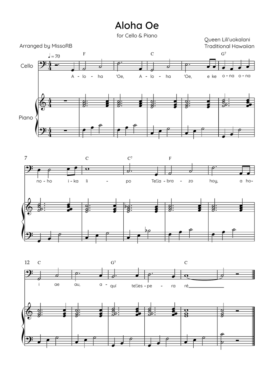 Aloha ‘Oe - Cello & Piano in C Major Easy With Lyrics & Chords Piano scores gallery preview page 1
