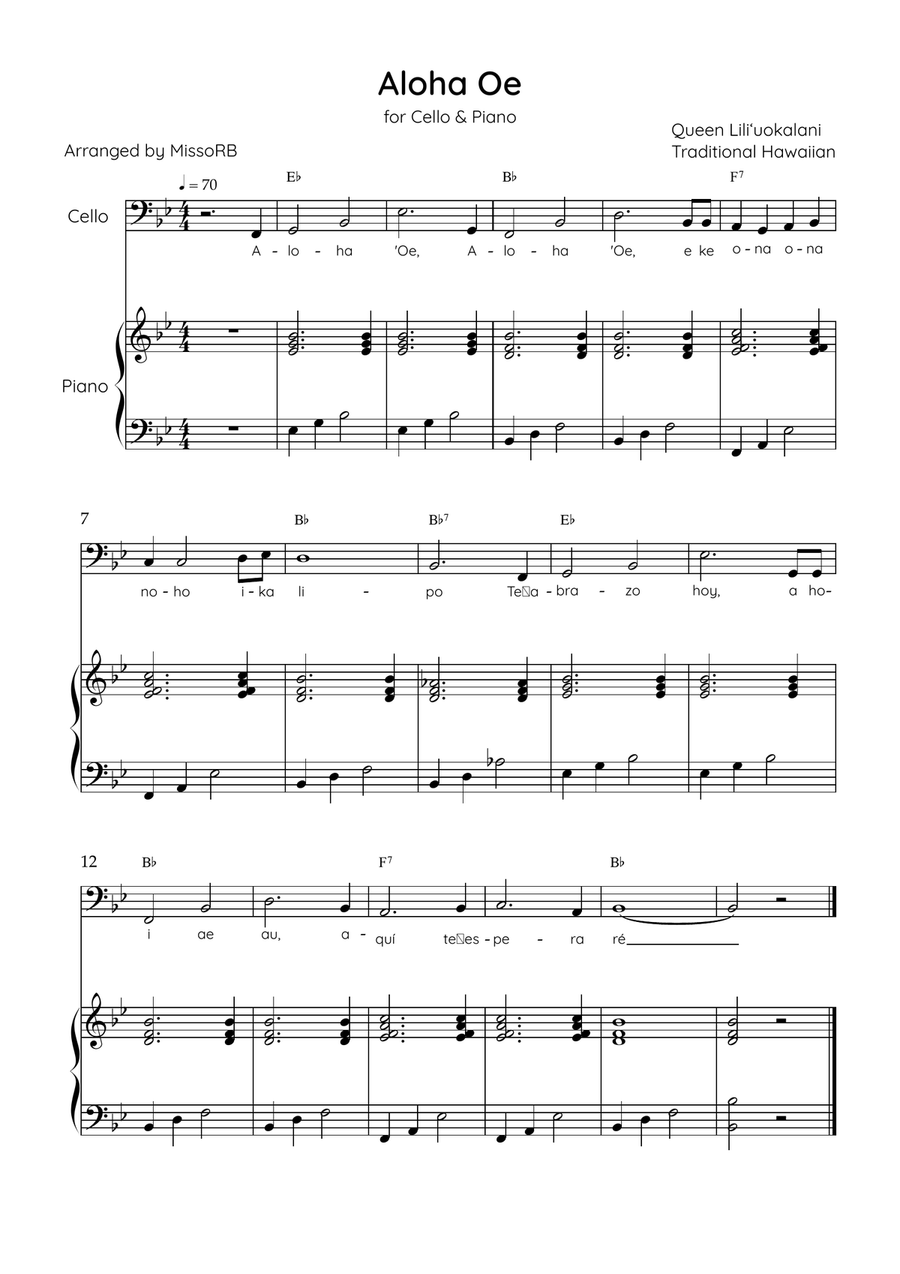 Aloha ‘Oe - Cello & Piano in Bb Major Easy With Lyrics & Chords Piano scores gallery preview page 1