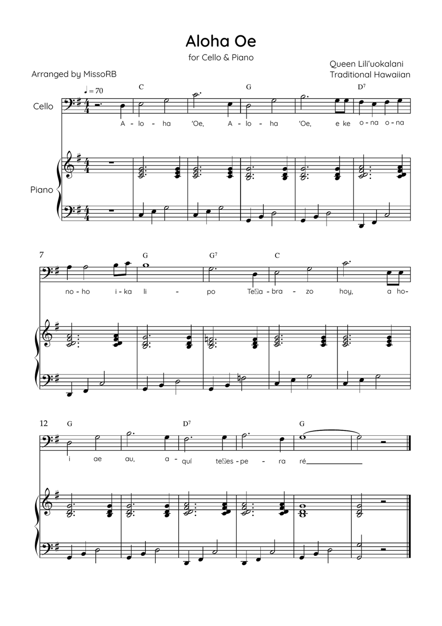 Aloha ‘Oe - Cello & Piano in G Major Easy With Lyrics & Chords Piano scores gallery preview page 1