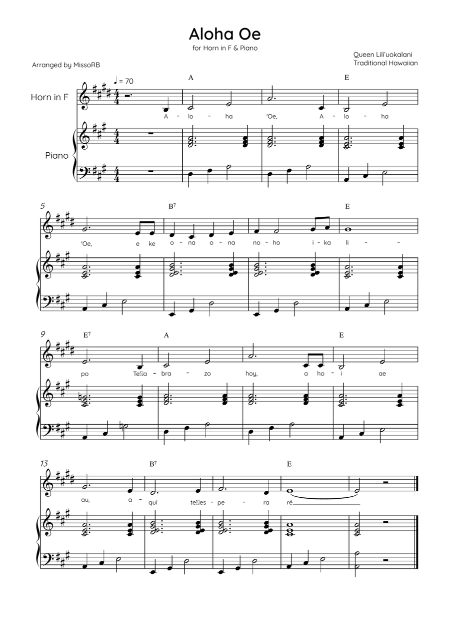 Aloha Oe - Horn in F & Piano in A Major Easy With Lyrics & Chords Piano scores gallery preview page 1