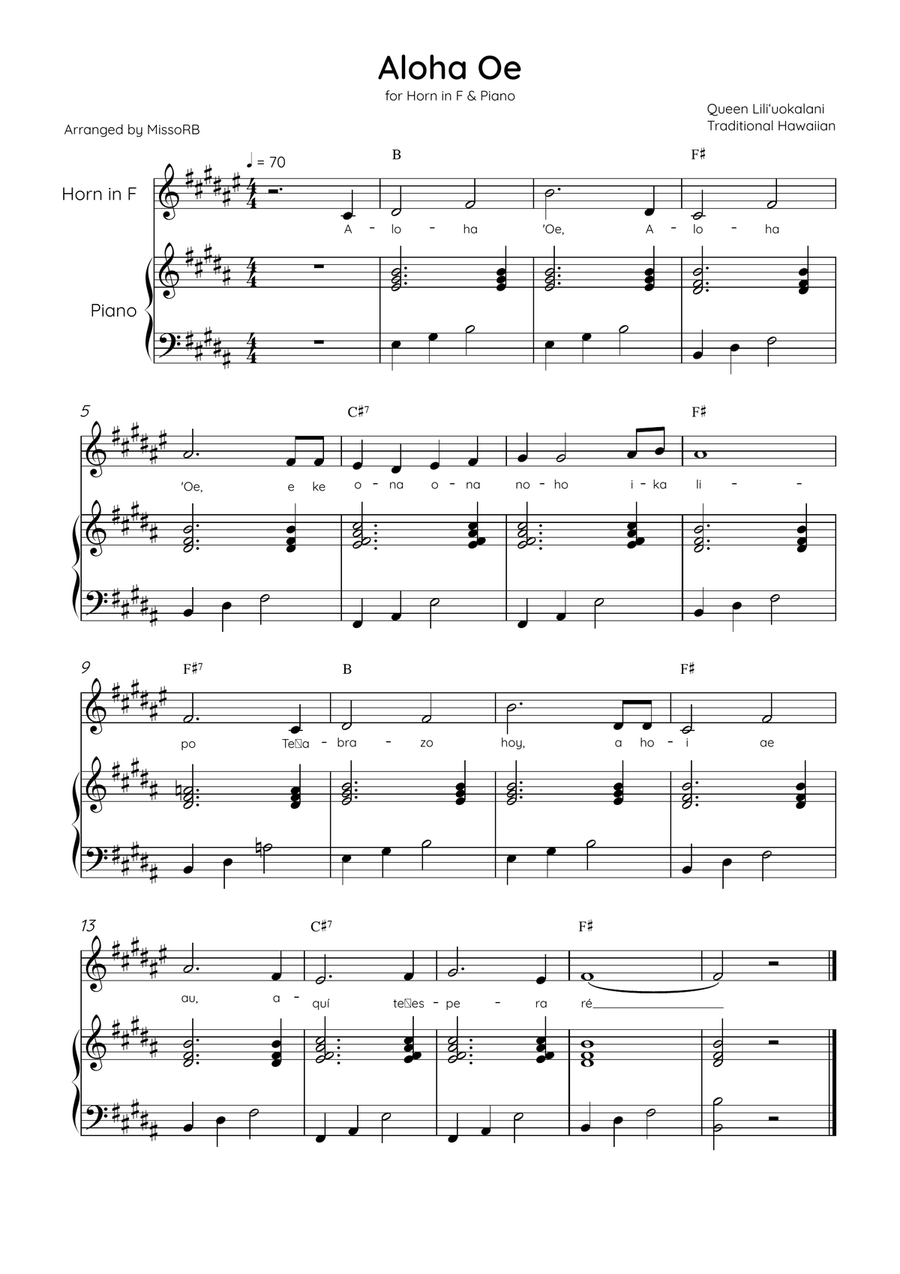 Aloha Oe - Horn in F & Piano in B Major Easy With Lyrics & Chords Piano scores gallery preview page 1