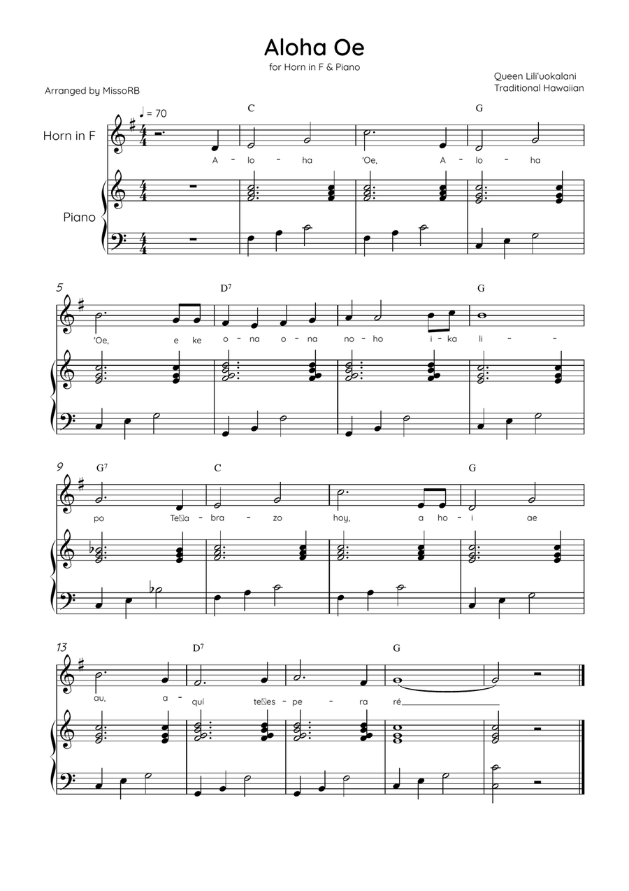 Aloha Oe - Horn in F & Piano in C Major Easy With Lyrics & Chords Piano scores gallery preview page 1