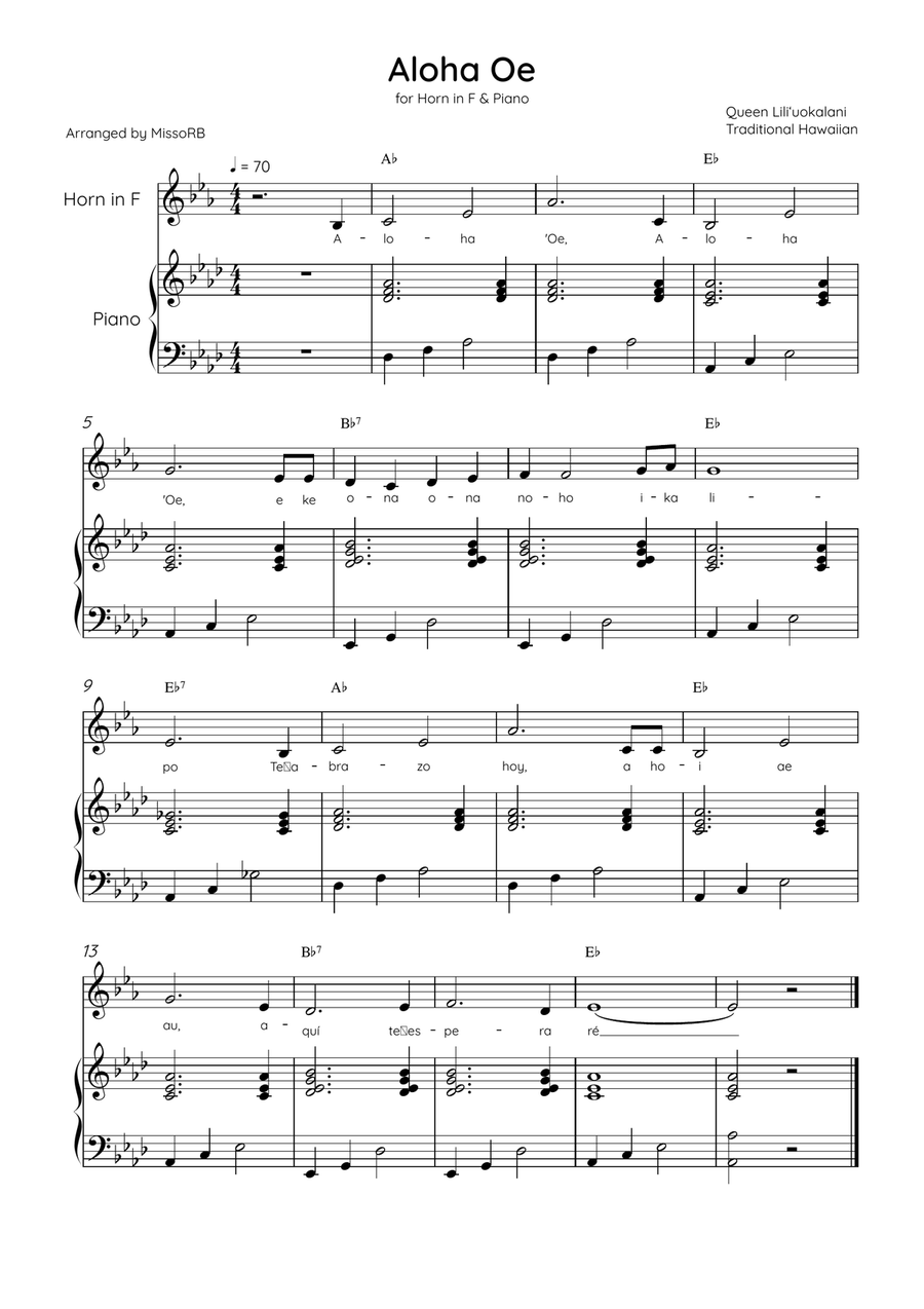 Aloha Oe - Horn in F & Piano in Ab Major Easy With Lyrics & Chords Piano scores gallery preview page 1