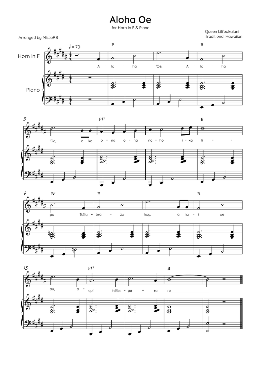 Aloha Oe - Horn in F & Piano in E Major Easy With Lyrics & Chords Piano scores gallery preview page 1