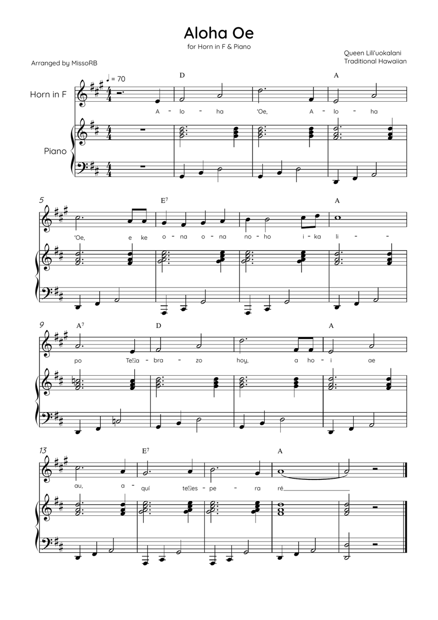 Aloha Oe - Horn in F & Piano in D Major Easy With Lyrics & Chords Piano scores gallery preview page 1