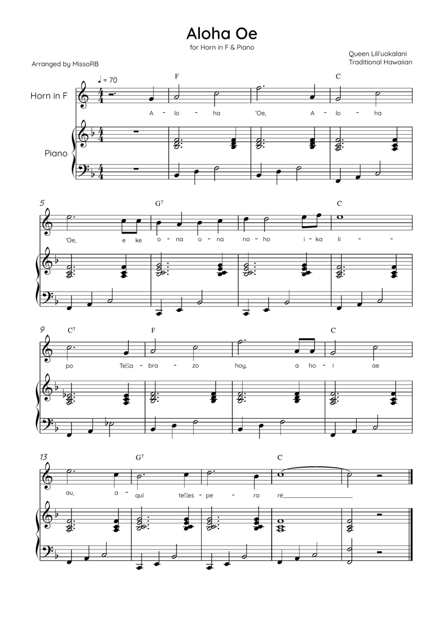 Aloha Oe - Horn in F & Piano in F Major Easy With Lyrics & Chords Piano scores gallery preview page 1