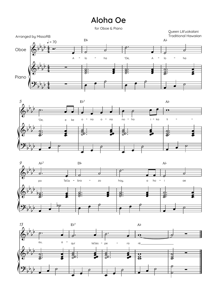 Aloha Oe - Oboe & Piano in Ab Major Easy With Lyrics & Chords Piano scores gallery preview page 1