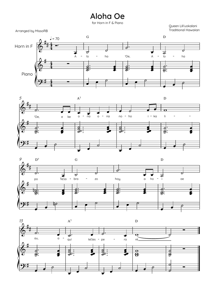 Aloha Oe - Horn in F & Piano in G Major Easy With Lyrics & Chords Piano scores gallery preview page 1