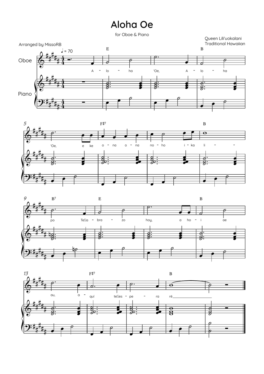 Aloha Oe - Oboe & Piano in B Major Easy With Lyrics & Chords Piano scores gallery preview page 1