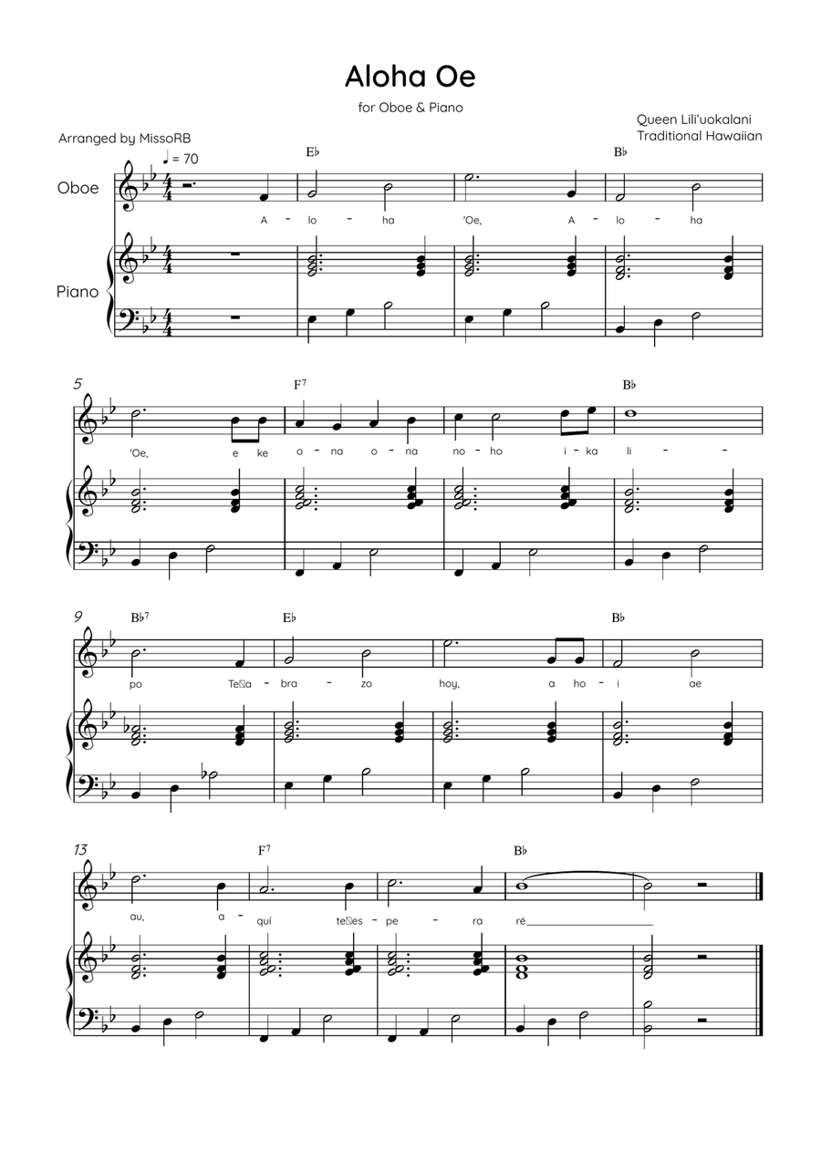 Aloha Oe - Oboe & Piano in Bb Major Easy With Lyrics & Chords Piano scores gallery preview page 1