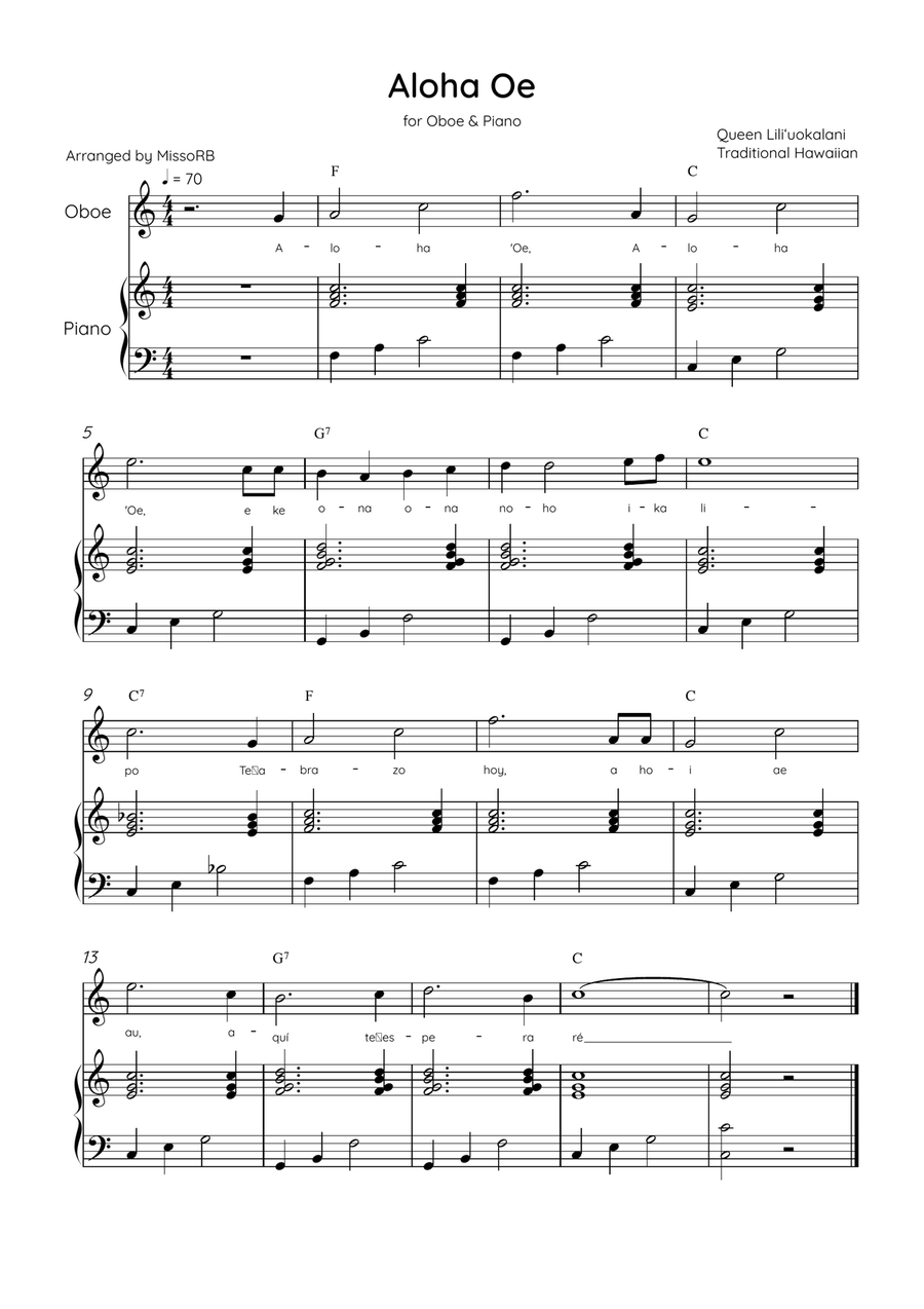 Aloha Oe - Oboe & Piano in C Major Easy With Lyrics & Chords Piano scores gallery preview page 1
